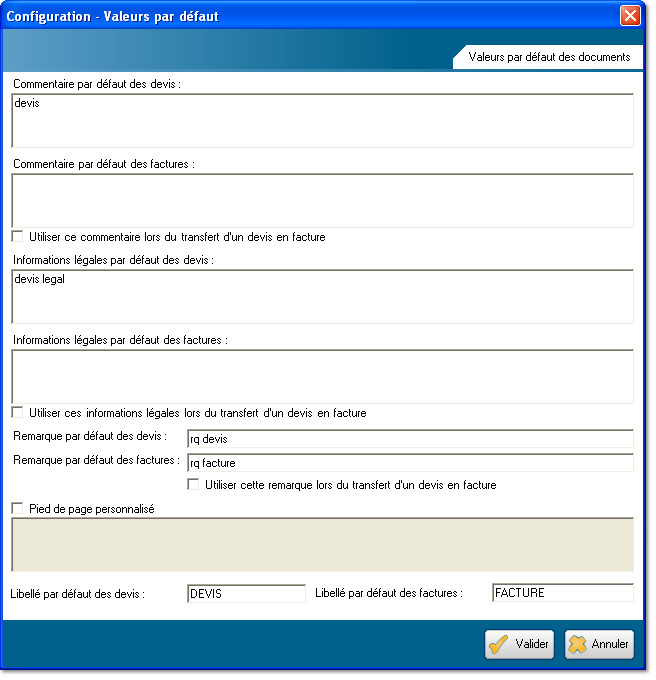 Configuration - Valeurs par défaut