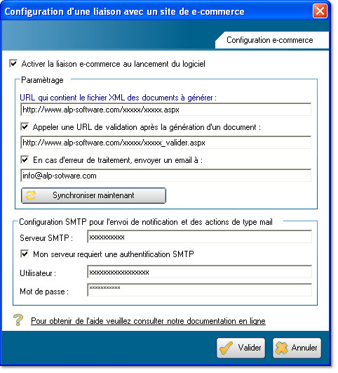 Configuration d'une liaison avec un site de e-commerce