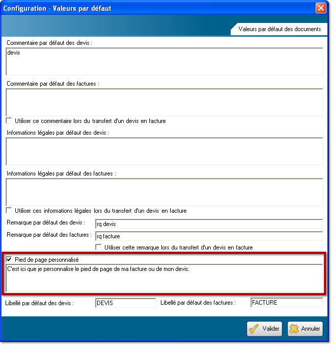 Configuration - Valeurs par défaut