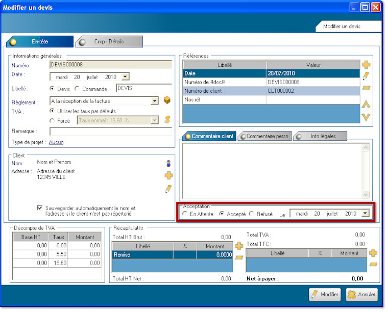 Modifier un devis, accepter