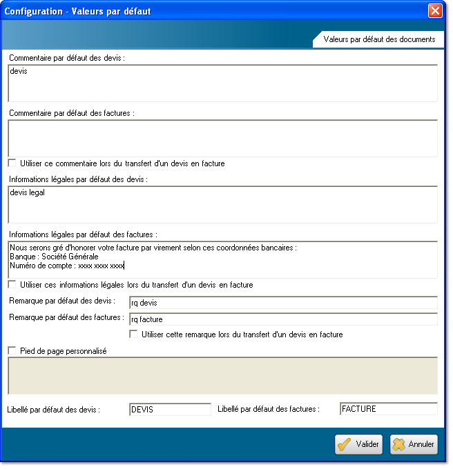 Configuration - Valeurs par défaut