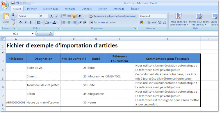 Importation d'articles depuis Excel